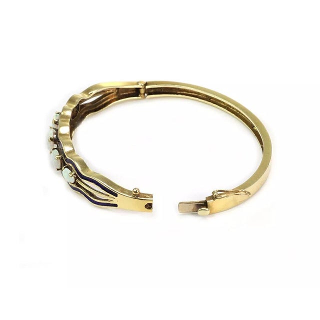 Contemporary Opal 14k Yellow Gold Blue Enamel Hinged Bracelet For Sale - Image 3 of 6