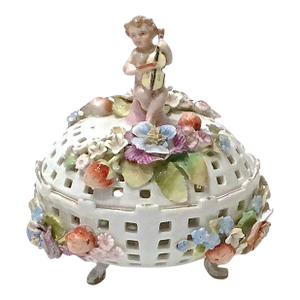 Antique Dresden Porcelain Cherub & Floral Jar