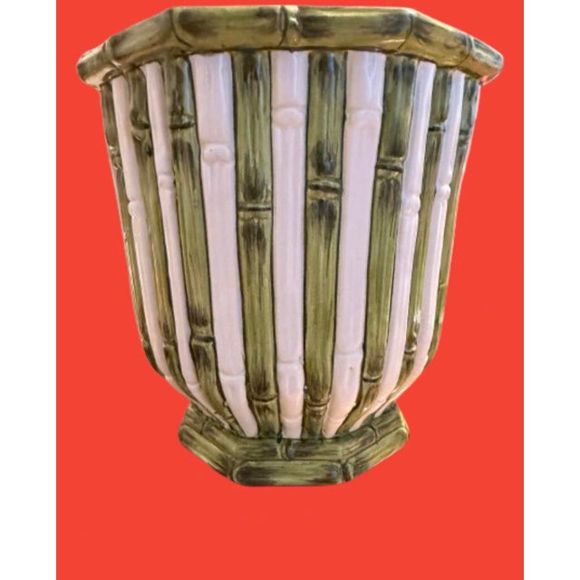 This exquisite Italian jardinière or cachepot is beautifully designed in the bamboo style majolica ceramic, hand painted a...