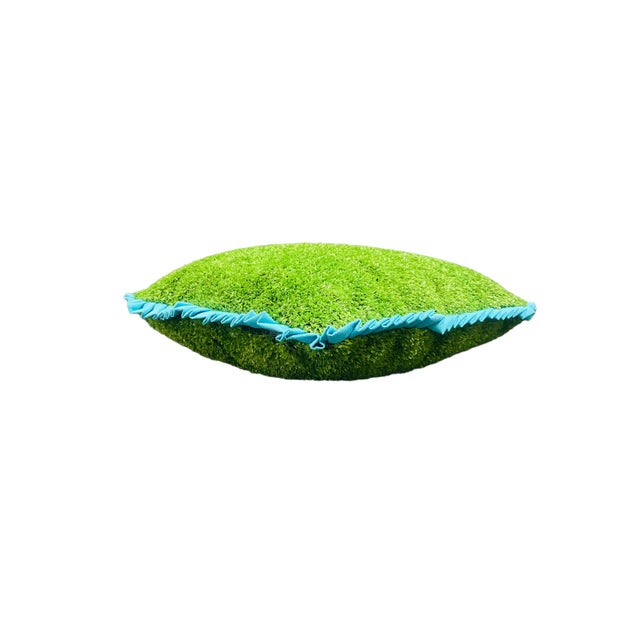 Custom Handcrafted Artificial Turf Lumbar Pillow With Turquoise Ruffle - Large Lumbar For Sale In Tampa - Image 6 of 10