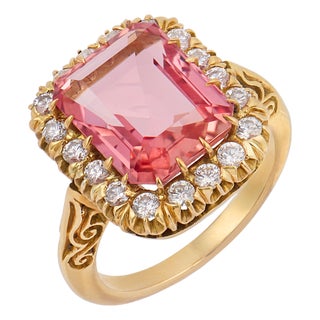 Vintage Imperial Topaz Diamond 18k Yellow Gold Ring, Size 6.25 For Sale