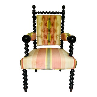 C1880 Painted Black Barley Twist Child Chair in Pink Streiped Silk For Sale