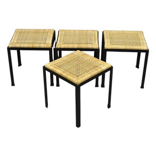 Mid Century Modern Danny Ho Fong Tropi-Cal Iron Cane Side Table Stool - Set of 4 For Sale