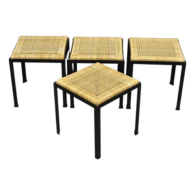 Mid Century Modern Danny Ho Fong Tropi-Cal Iron Cane Side Table Stool - Set of 4 For Sale