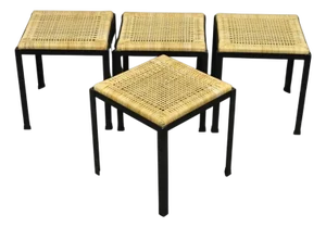Mid Century Modern Danny Ho Fong Tropi-Cal Iron Cane Side Table Stool - Set of 4