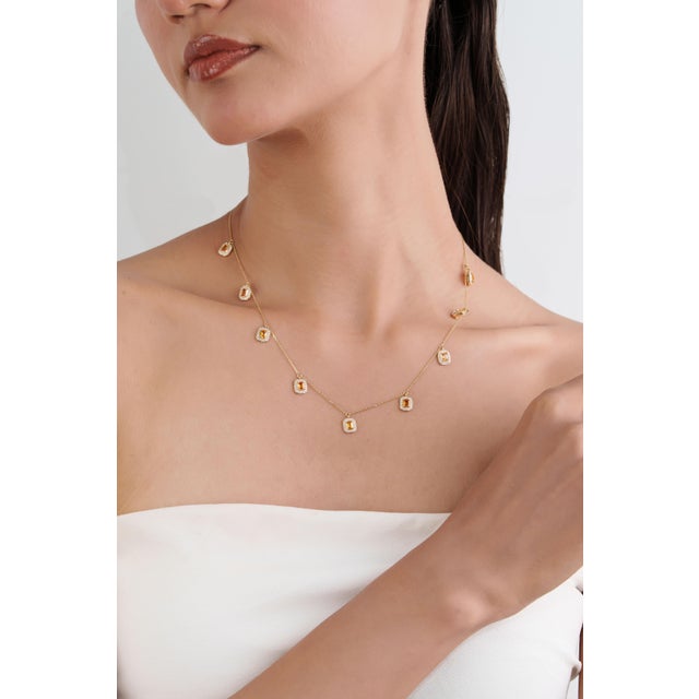 Orange Modern 2.24ct Citrine & Diamond Halo Station Charm Necklace in 14k Yellow Gold For Sale - Image 8 of 18