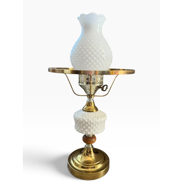 Metal Vintage Hobnail Milk Glass & Brass Hurricane Table Lamp With Turned Wood Accent For Sale - Image 7 of 10