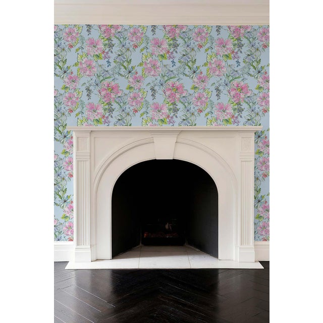 Textile Painter's Garden Blue Floral Grasscloth Wallpaper by House Party | 6 Yards For Sale - Image 7 of 9
