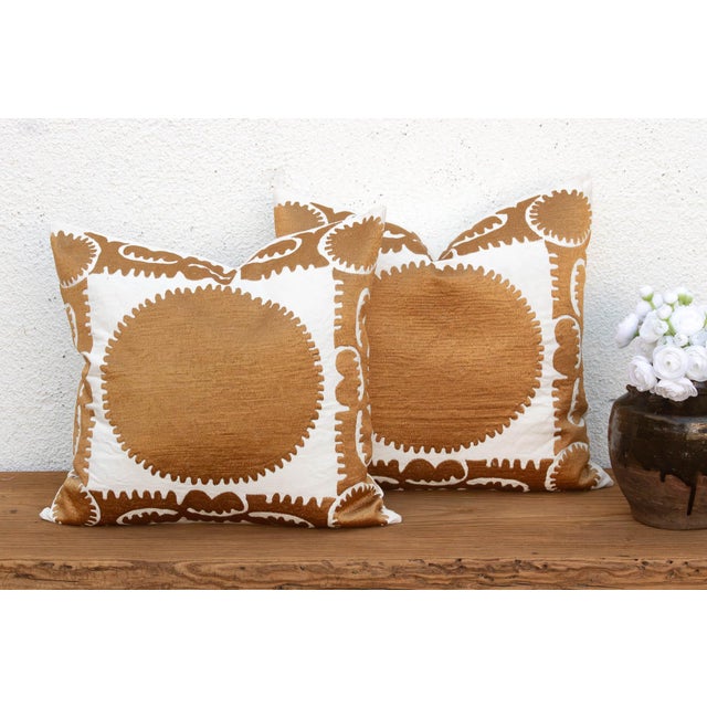 Pair of Gold & White Medallion Suzani Pillow Covers For Sale - Image 9 of 9
