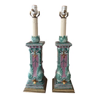 Pair of Vintage Ceramic Table Lamps Cabbage Leaf Motif Pink and Green Hollywood Regency Style For Sale