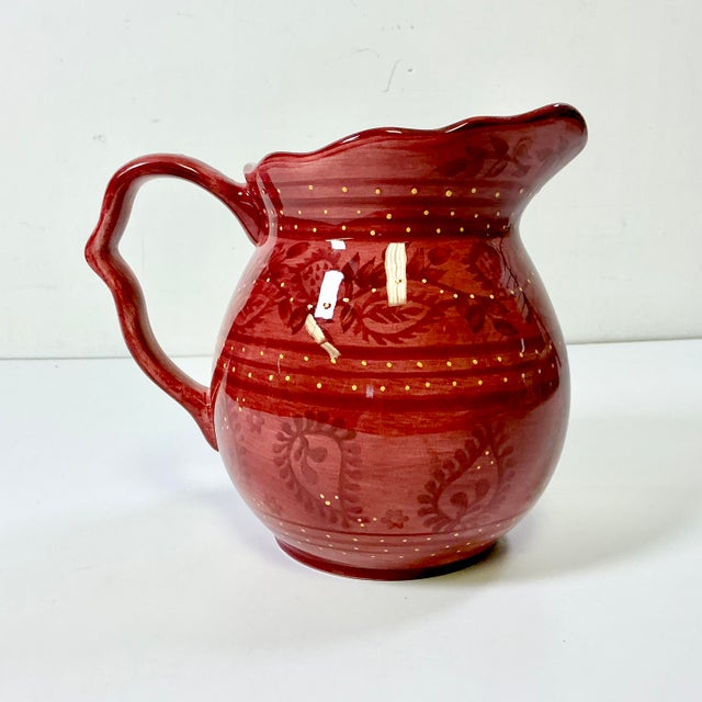 Farmhouse 1990s Boho Chic Farmhouse Scalloped Handle Hand Painted Ceramic Pitcher. For Sale - Image 3 of 14