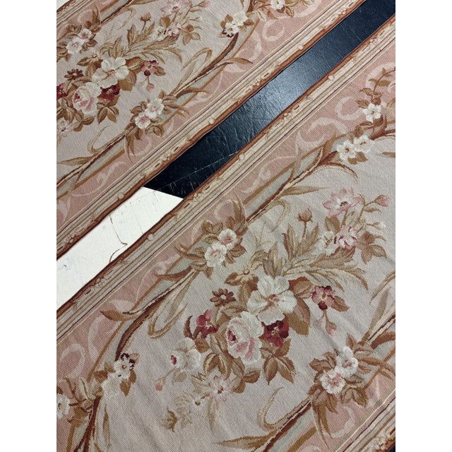 Pink 100% Wool Hand Knotted French Aubusson Pair of Runners in Muted Cream/Peach/Pink Floral Pattern For Sale - Image 8 of 13