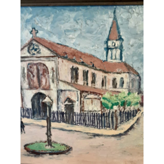 Vintage oil painting of a European Town Square with main focus on a Church. Canvas is custom framed with wood, the...