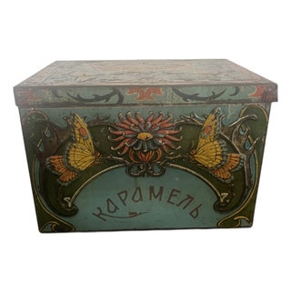 Antique Polychromed Kapamenb Caramel Candy Tin Metal Box With Lid For Sale