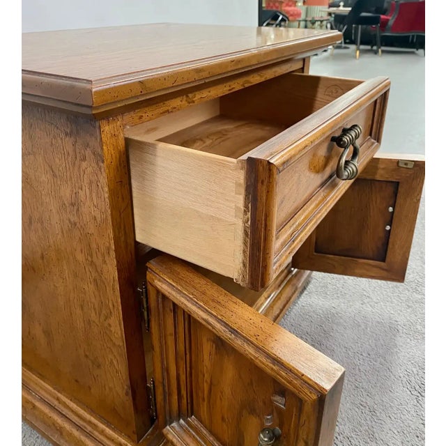 1970s Drexel Heritage Campaign Style Pecan Wood Nightstand or End Table, a Pair For Sale - Image 5 of 13