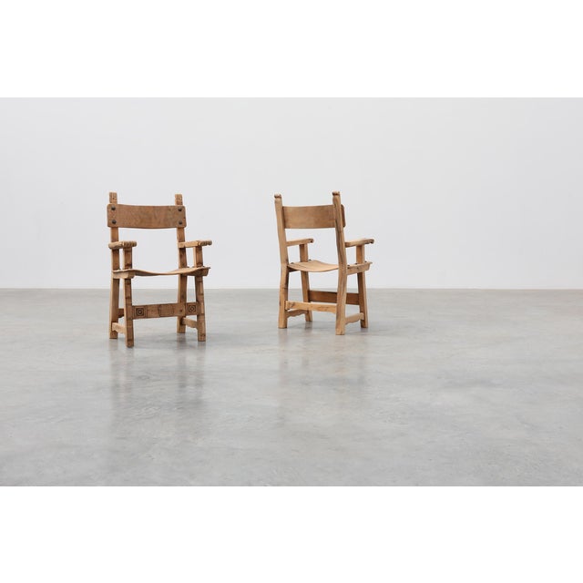Rustic Brutalist Armchairs with Carved Rosettes and Nailed Wooden Seats, Spain, 1950s, Set of 2 For Sale - Image 3 of 12