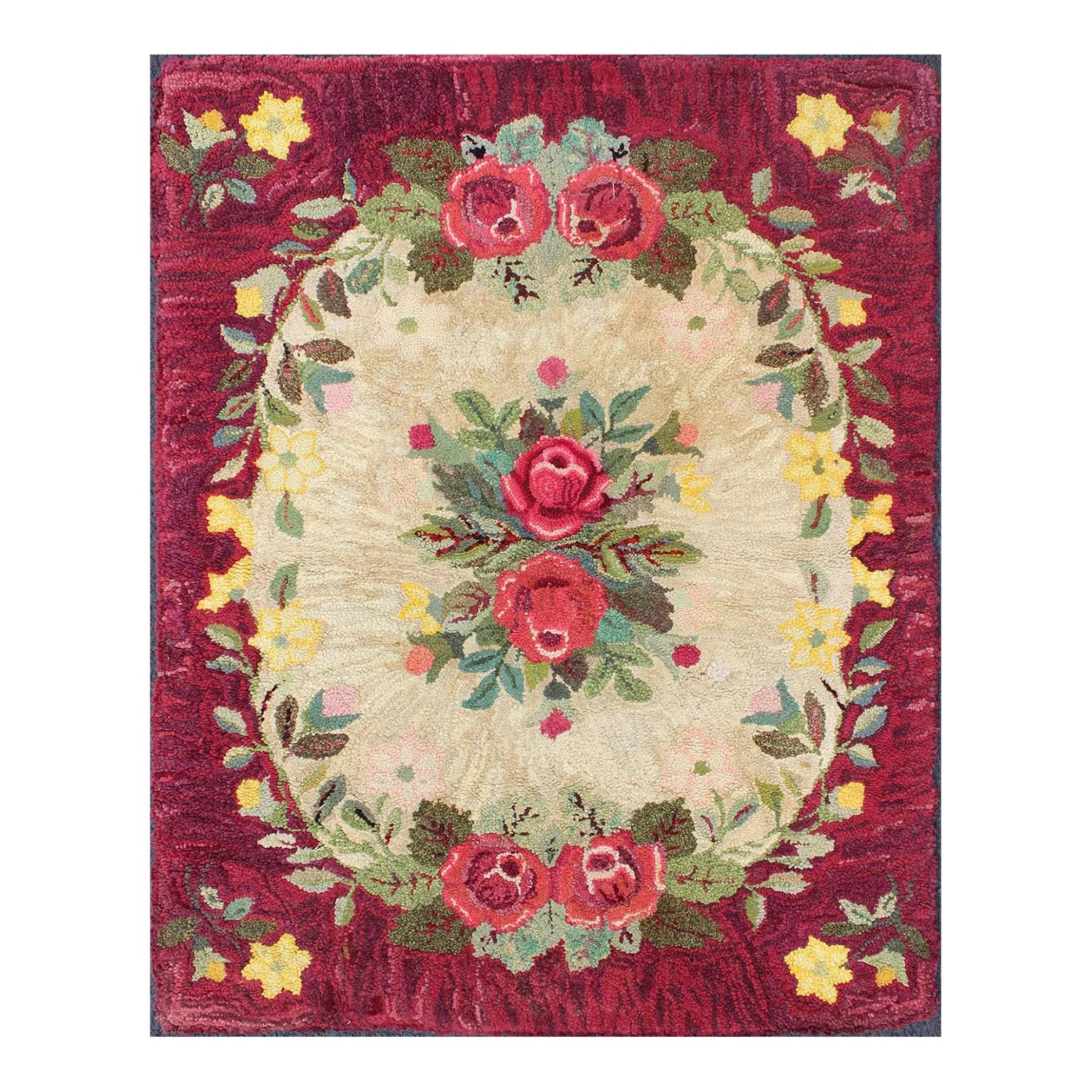 Vintage American Hooked Rug With Red Rose and Yellow Flower Bouquets 3 ...