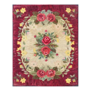Vintage American Hooked Rug With Red Rose and Yellow Flower Bouquets 3'2"x4'3"