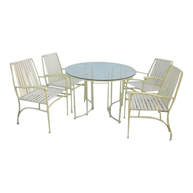 Vintage Faux Bamboo Cast Aluminum Outdoor Glasstop Dining Table & 4 Chairs For Sale