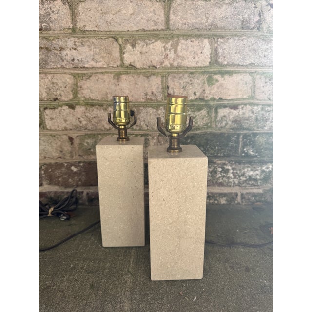 Small ivory stone table lamps, two (2) on hand, sold separately. These small scale rectangular table lamps are made of...