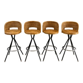 Vintage Boho European Riviera Style Wicker Rattan Swivel Bar Stools For Sale