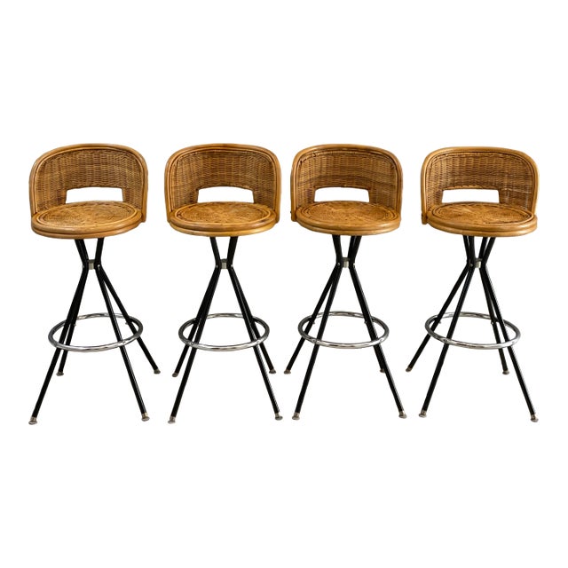 Vintage Boho European Riviera Style Wicker Rattan Swivel Bar Stools For Sale