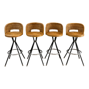 Vintage Boho European Riviera Style Wicker Rattan Swivel Bar Stools