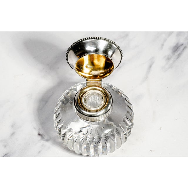 Brilliant Large Antique Cut Crystal Paperweight Inkwell With Sterling Silver Lid Luxury Desk Accessory Home Decor For Sale - Image 4 of 17