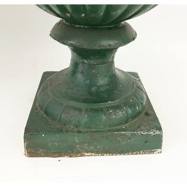 Rustic European Pair of Antique Neoclassical Green-Painted Cast Iron Garden Urns | Ca. 19th Century For Sale - Image 3 of 6