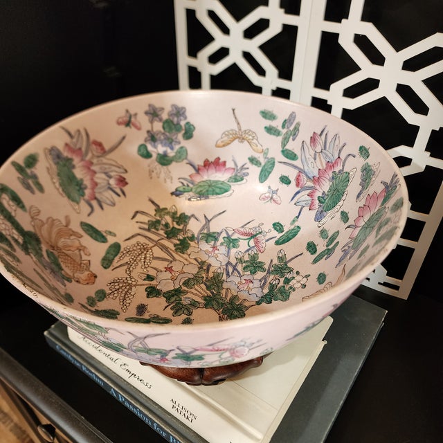 Mid 20th Century Large Chinese Famille Rose Porcelain Bowl With Birds, Lotus & Butterflies on Carved Wood Stand For Sale - Image 12 of 13