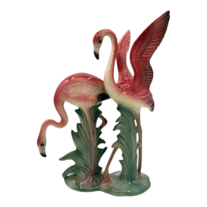1940s Rare Mid-Century Double Pink Flamingo Ceramic Tabletop Statue by Brad Keeler