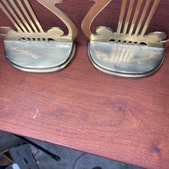 Late 20th Century Vintage Lyre Harp Brass Bookends- a Pair For Sale - Image 5 of 6