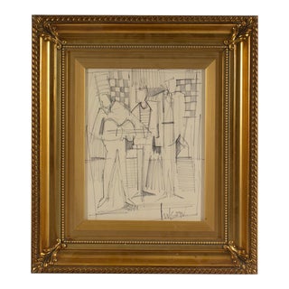 Cubist Style Marker Drawing of Three Figures by Harry Hilson For Sale