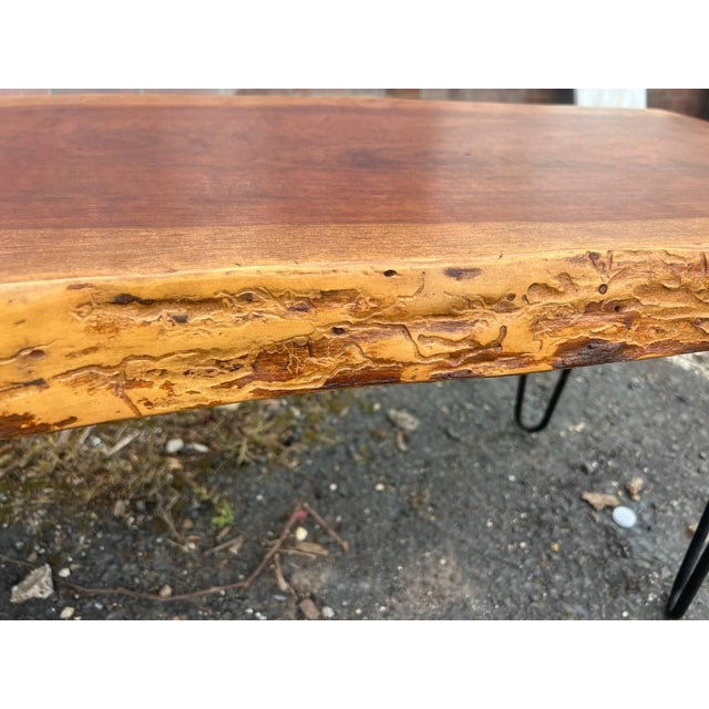 Late 20th Century Rustic Style Live Edge Slab Wood Top Coffee Table/ Bench With Iron Hairpin Legs For Sale - Image 11 of 18