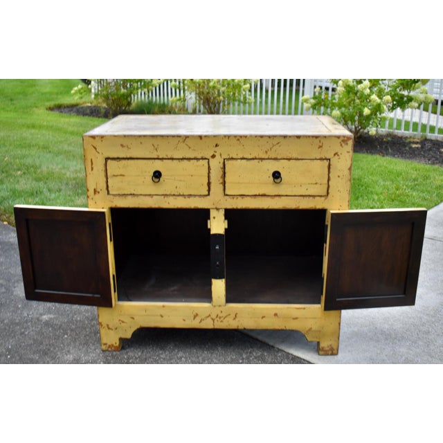 Chinese Wood Painted Cabinet Ming Style Distressed Yellow For Sale - Image 15 of 16