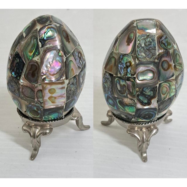 Green Lot of 2 Decorative Eggs – Abalone Shell Mosaic & Monet Green Enamel Egg Box For Sale - Image 8 of 10
