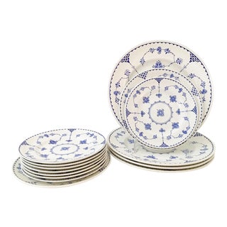 1980's English Ironstone "Denmark Blue" Dinnerware - Set of 14 For Sale