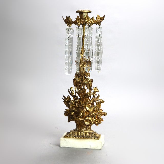 Traditional Pair of Antique Gilt Bronze, Marble & Cut Crystal Floral Form Girandoles Cicra 1890 For Sale - Image 3 of 10