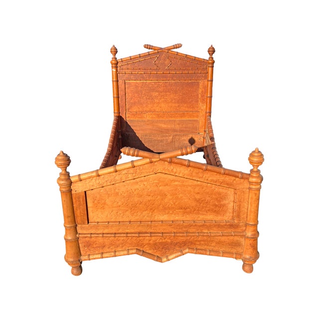 Antique French Bed Frame Headboard Set in Birds Eye Maple Faux Bamboo English Style *excuse frame not being out together...