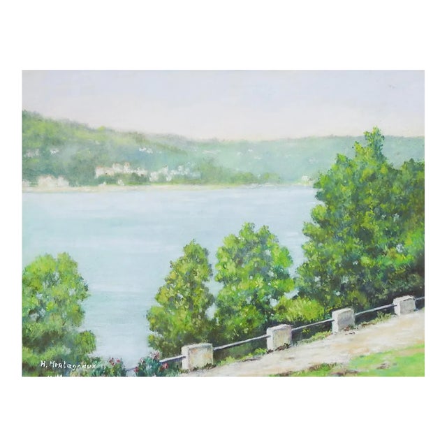 Vintage French Plein Air Pastel River Landscape Painting For Sale