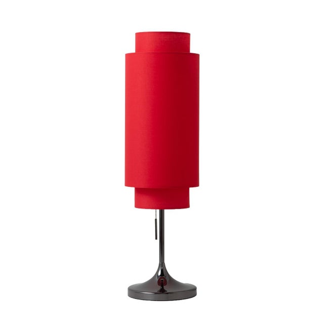 Lollipop Table Lamp - Black Nickel, Crimson Red Linen Double Shade, on/Off Pull Chain For Sale - Image 4 of 15