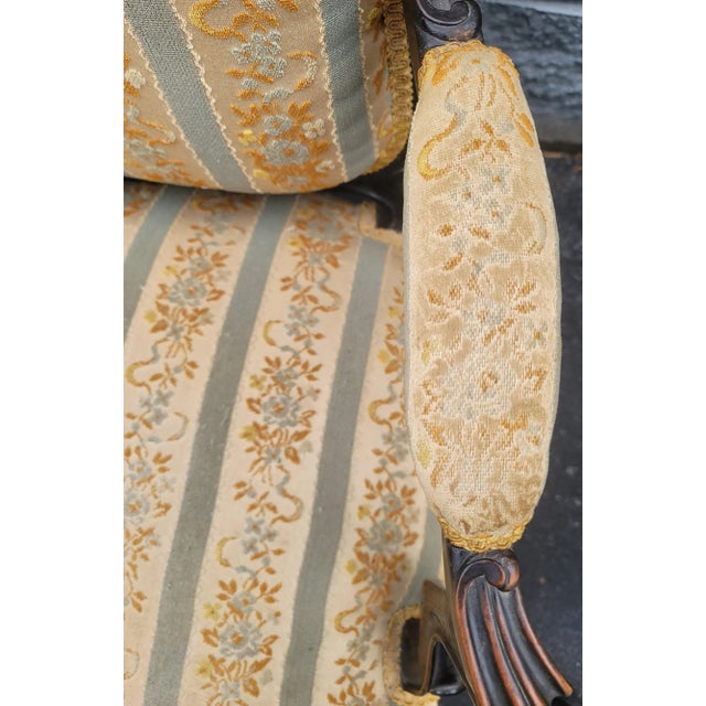 Late 19th Century Pair of 1890s Louis XV Carved, Ebonized and Upholstered Bergere Arm Chairs For Sale - Image 5 of 11