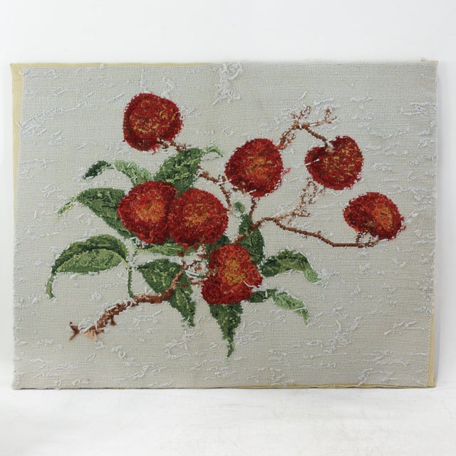 Brick Red Vintage Needlework Botanical Study – Rustic Lychee Fruit Branch Textile Wall Art For Sale - Image 8 of 8