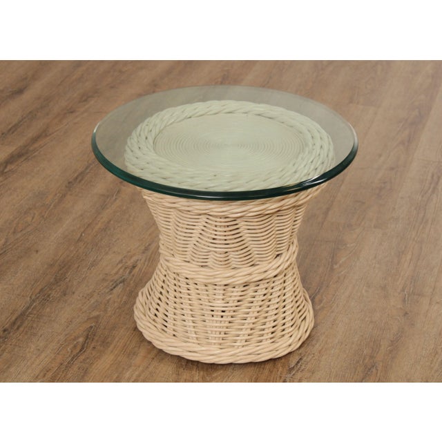 Ficks Reed Quality Vintage Round Wicker Rattan Glass Top Side Table For Sale - Image 4 of 13