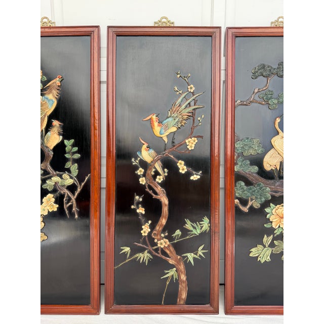 Set of 4 Asian Chinoiserie Hand Carved Soapstone and Lacquer Wall Art Panels For Sale In Los Angeles - Image 6 of 12