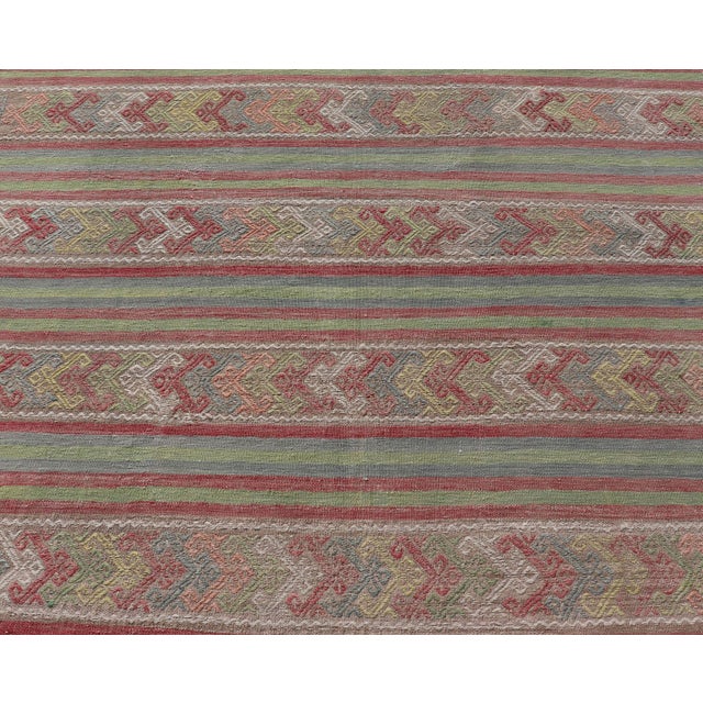 Colorful Vintage Embroidered Kilim With Stripes and Alternating Geometric Motifs For Sale - Image 4 of 12