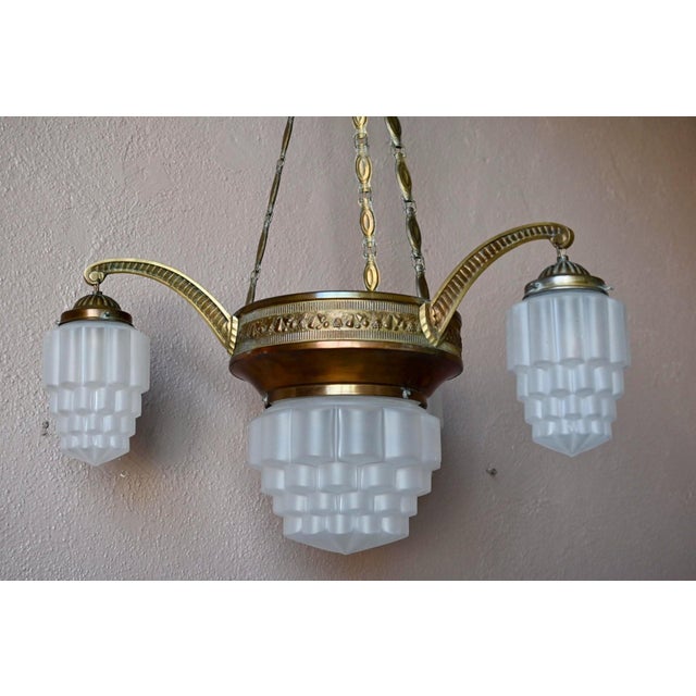 Gold Art Deco Brass and Frosted Pressed Glass Chandelier, 1920s For Sale - Image 8 of 18