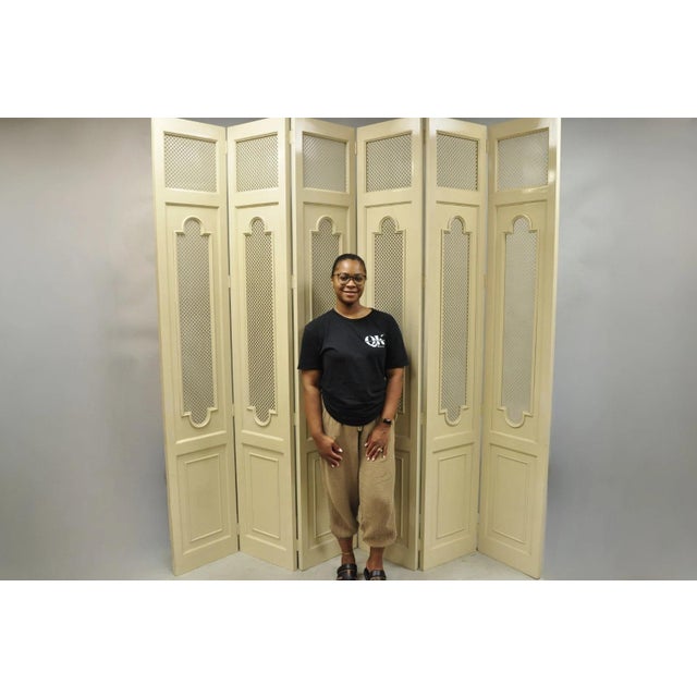 Large Vintage Hollywood Regency 92" Tall 6 Panel Bone Lacquered Room Divider Screen. Item features a metal perforated...