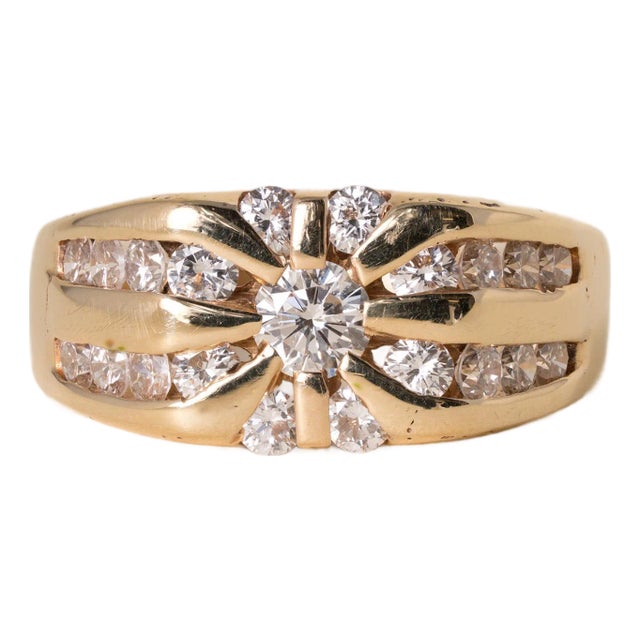 Vintage Starburst 14k Gold 1.45 Carats Diamond Channel Set Ring, Size 9.75 For Sale