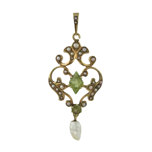 Krementz 14k Gold Seed Pearl and Peridot Lavalier Pendant